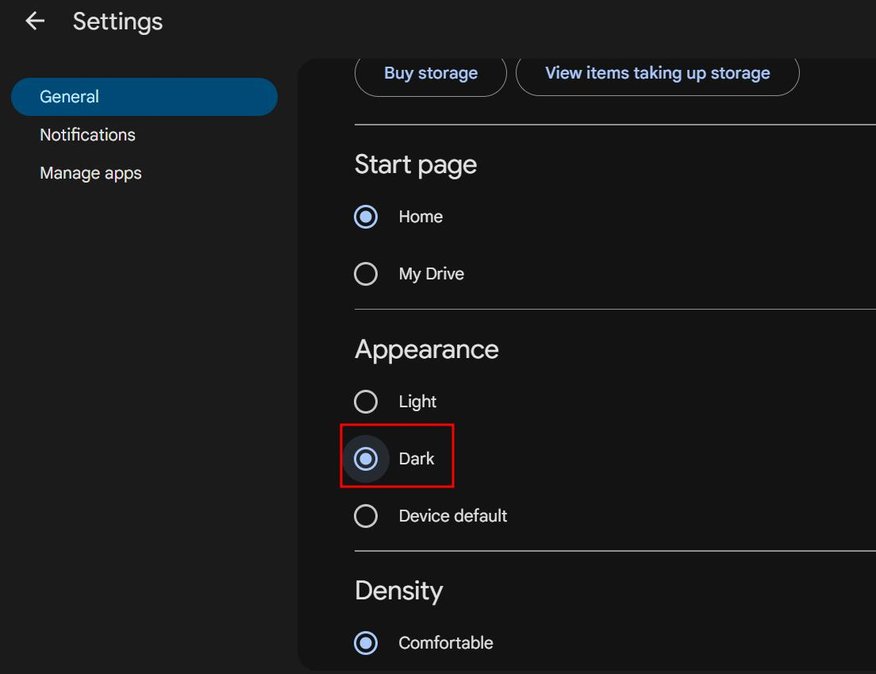 changing to dark theme on google drive