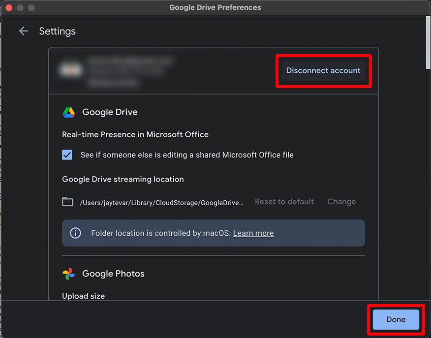 how to disconnect Google Drive app on mac