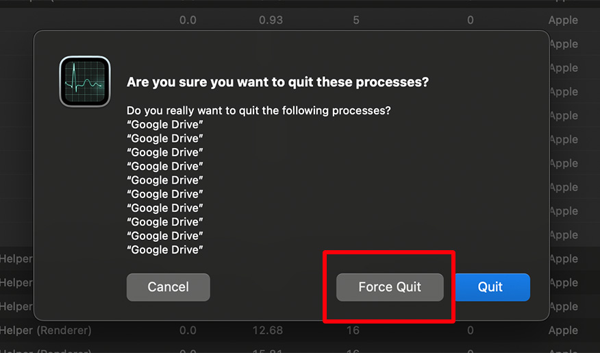 force quit Google Drive in macbook