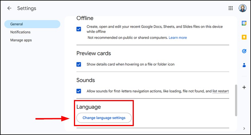 google drive language settings