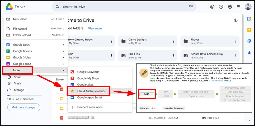 how to record an audio on Google Drive