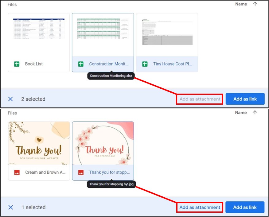 methods for attaching google drive files