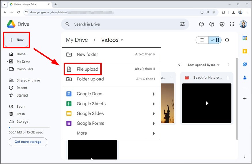 sending video files to google drive