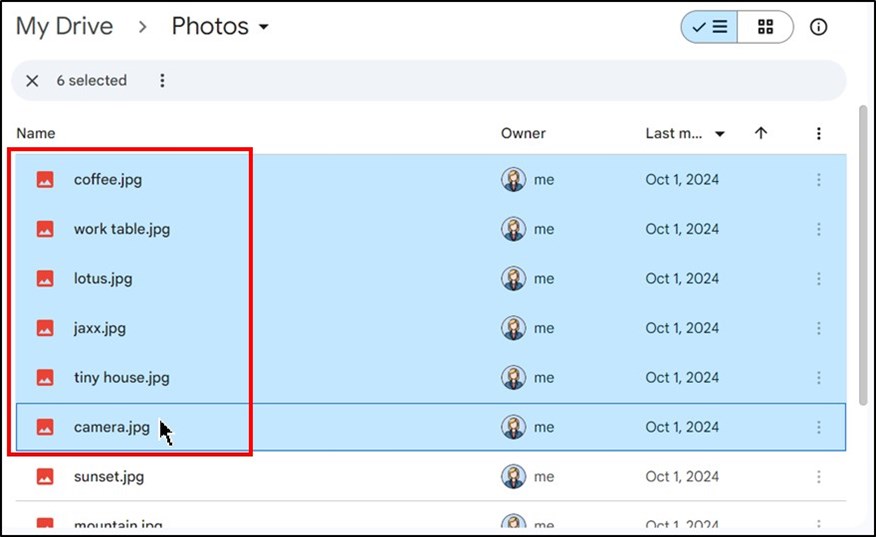 selecting multiple files in google drive